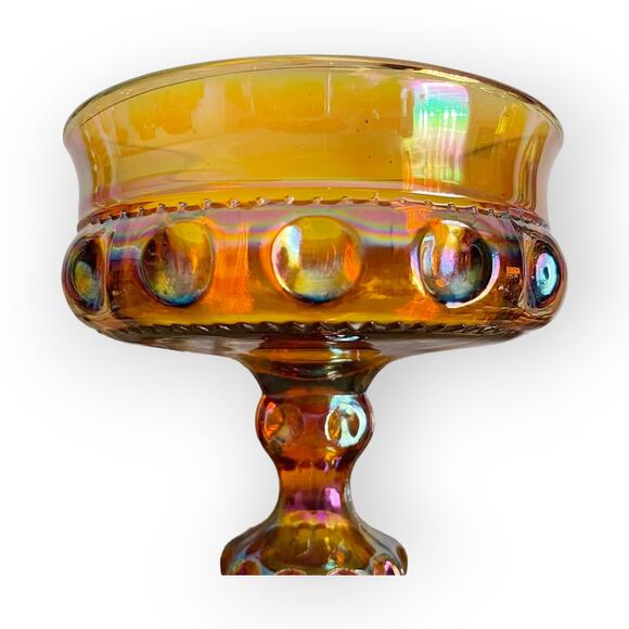 Vintage Lustre Amber Carnival Thumbprint Candy Dish Compote Midcentury Glassware - Picture 3 of 3